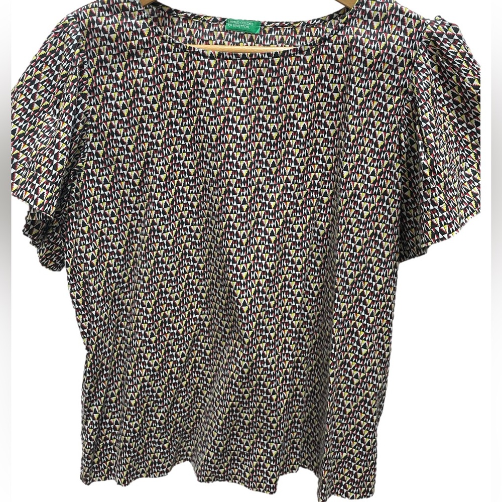 United Colors of Benetton Geometric Flounce Sleeve 100% Cotton Blouse L | EUC